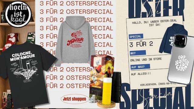 Oster Sale Bilder zur Aktion bei KoelnIstKool mit Produkten wie Hoodie und Shirt aus der Spar-Aktion.