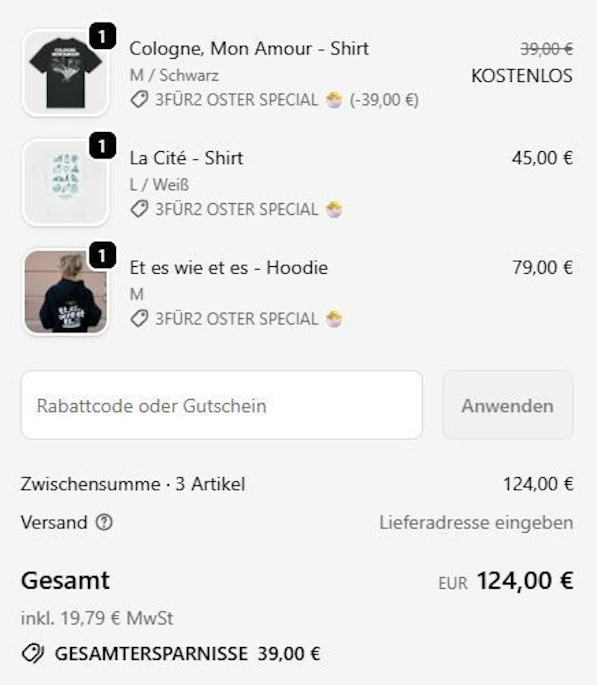 Screenshot aus dem Warenkorb auf koelnistkool.de mit 3 Produkten zum Oster-Sale.
