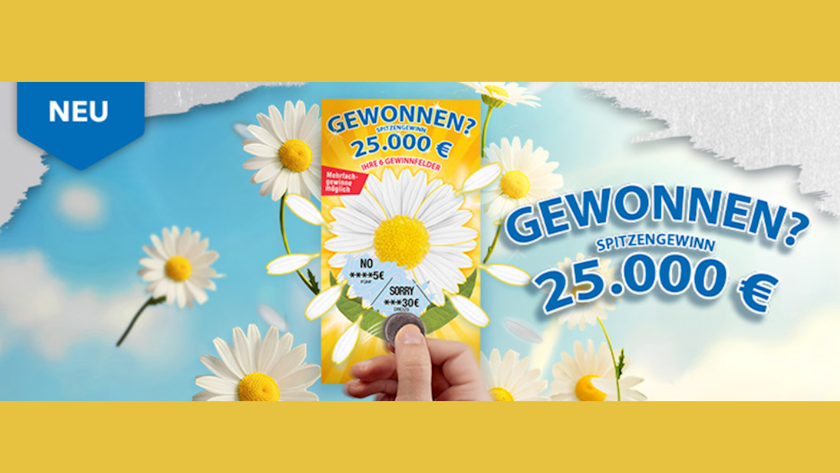 Das Bild zeigt das neue Rubbellos „Gewonnen?" von WestLotto. Zu sehen ist eine Margeriten-Blüte und der Schriftzug „Gewonnen? Spitzengewinn 25.000€".