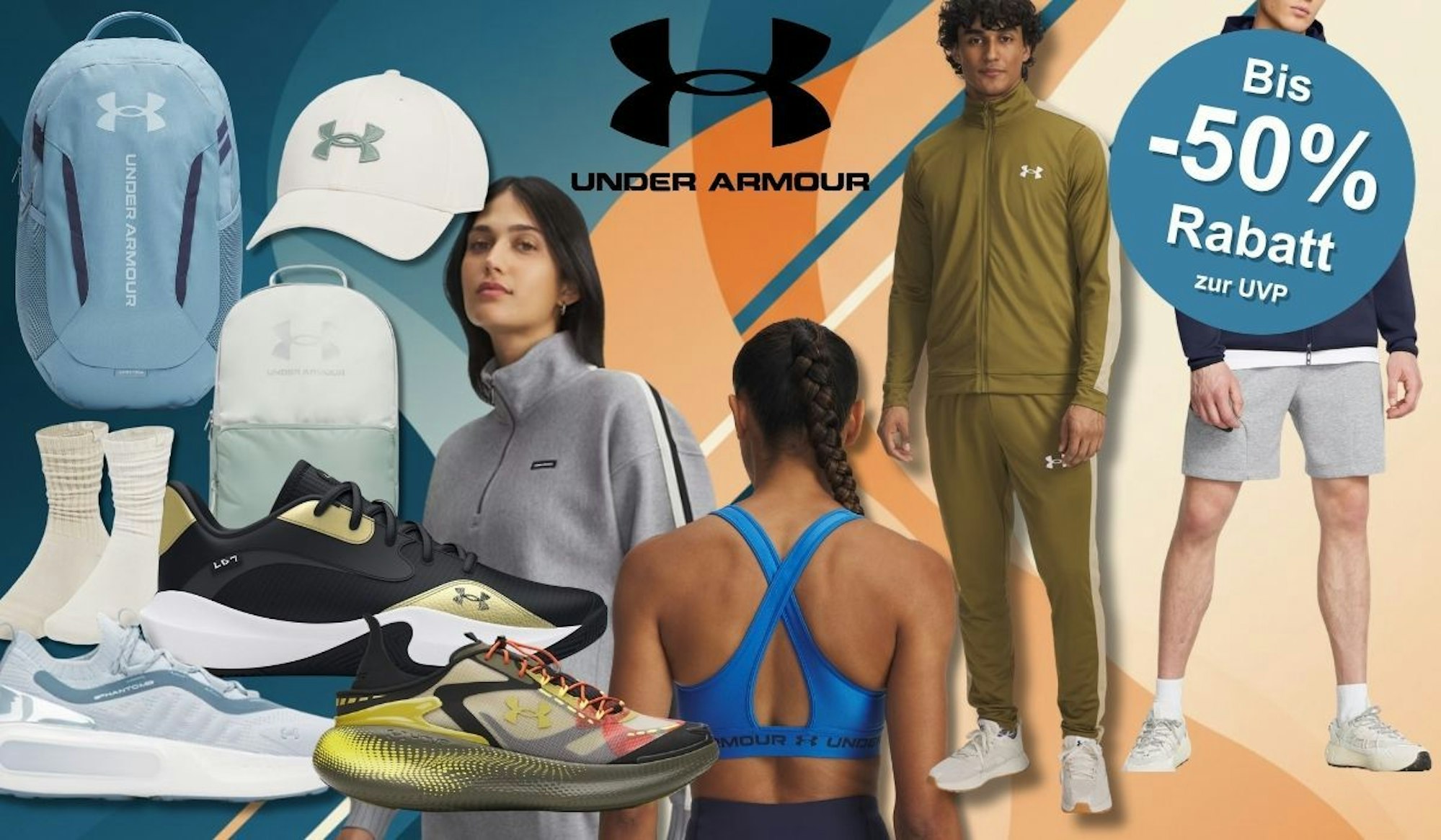Verschiedene Under Armour Produkte vor einem abstrakten blau-orangen Hintergrund: ein hellblauer Rucksack, eine weiße Cap, ein mintfarbener Rucksack, weiße Sportsocken, ein hellblauer Phantom-Laufschuh, ein schwarzer LD7-Sneaker, ein gelb-schwarzer Basketballschuh, eine Frau im grauen Trainings-Halfzip, eine Frau im blauen Sport-BH von hinten, ein olivgrüner Herren-Trainingsanzug sowie ein Mann in grauem T-Shirt und Shorts mit weißen Sneakern. Mittig das Under Armour Logo.