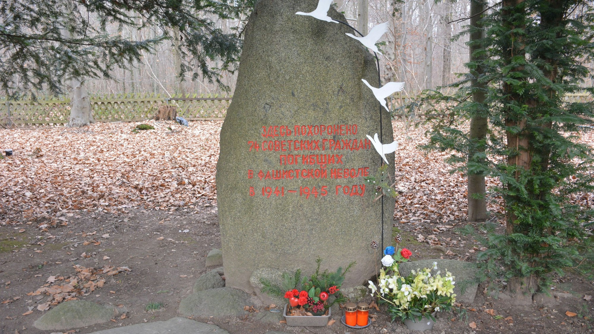 Ein Gedenkstein mit kyrillischer Inschrift erinnert an sowjetische Zwangsarbeiter im Krankenlager im Gremberger Wäldchen