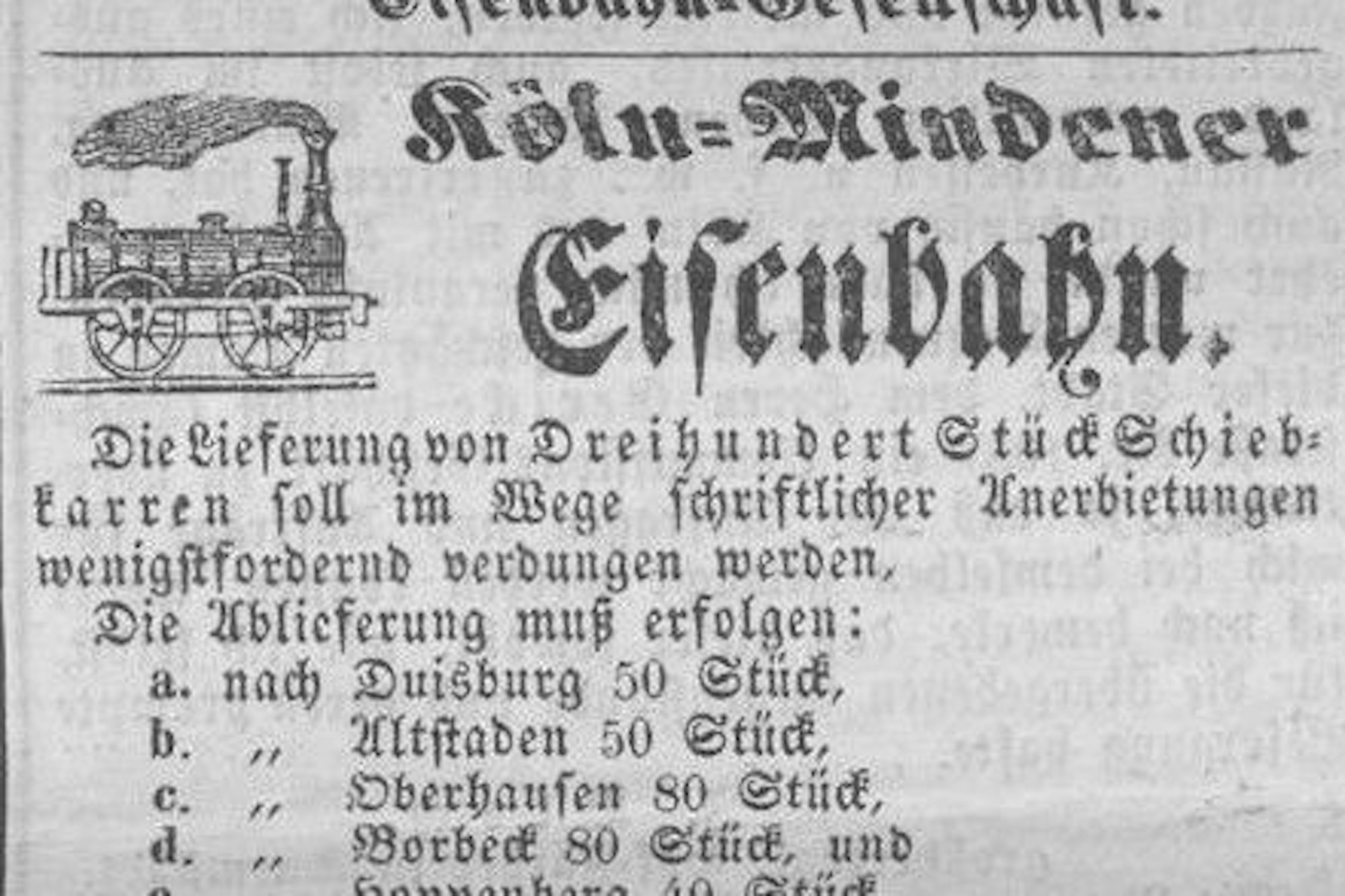 Eine Ausschreibung der Köln-Mindener Eisenbahn für die Strecke auf dem heutigen Leverkusen.