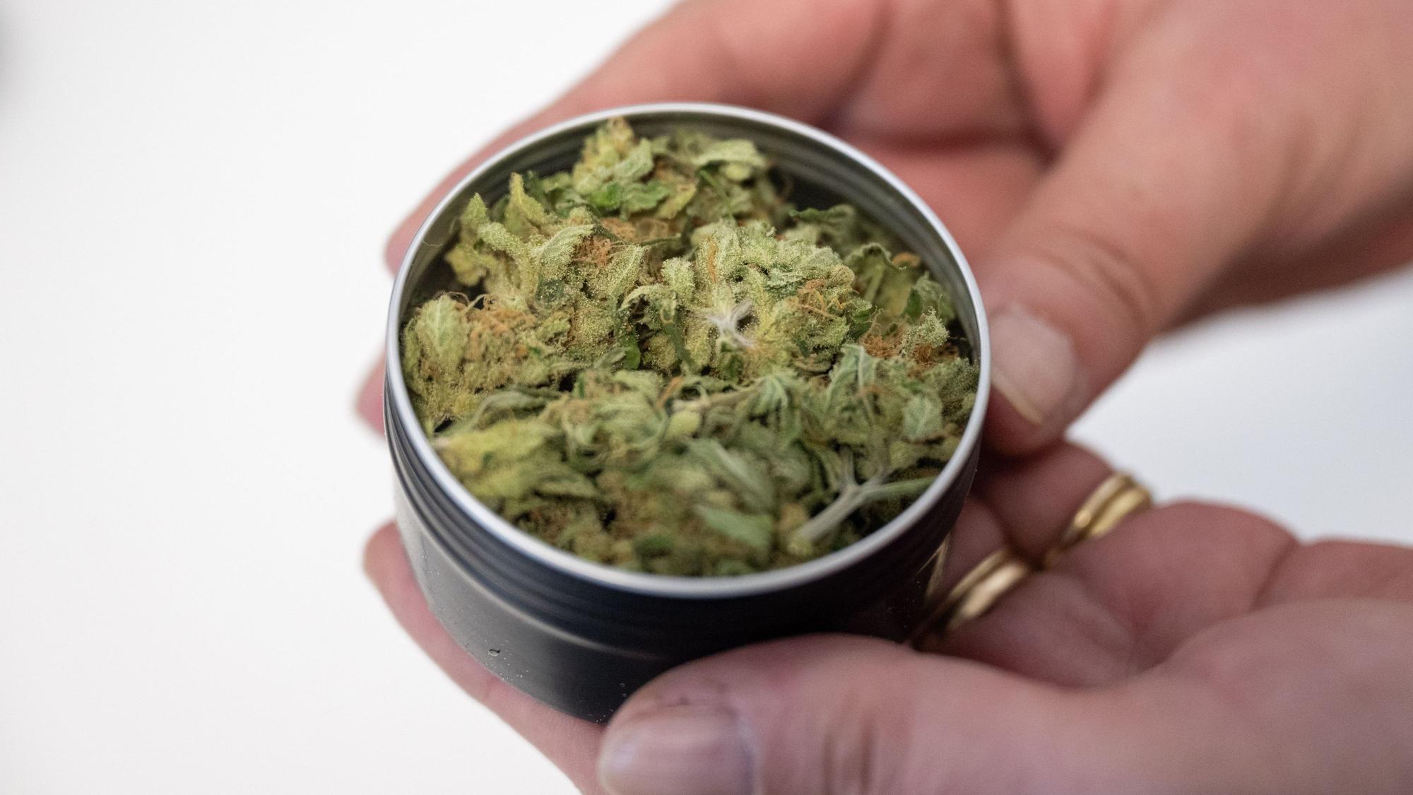 Eine Frau hält eine Dose mit 5 Gramm Cannabis.