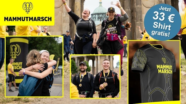 Bildcollage des Mammutmarschs: Im Hauptbild springen zwei Teilnehmerinnen jubelnd vor einem historischen Gebäude in die Luft; links eine herzliche Umarmung zweier Finisherinnen; in der Mitte zwei stolze Teilnehmer mit Finisher-Medaillen; rechts das schwarze Mammutmarsch-Funktionsshirt mit gelben Neon-Details.