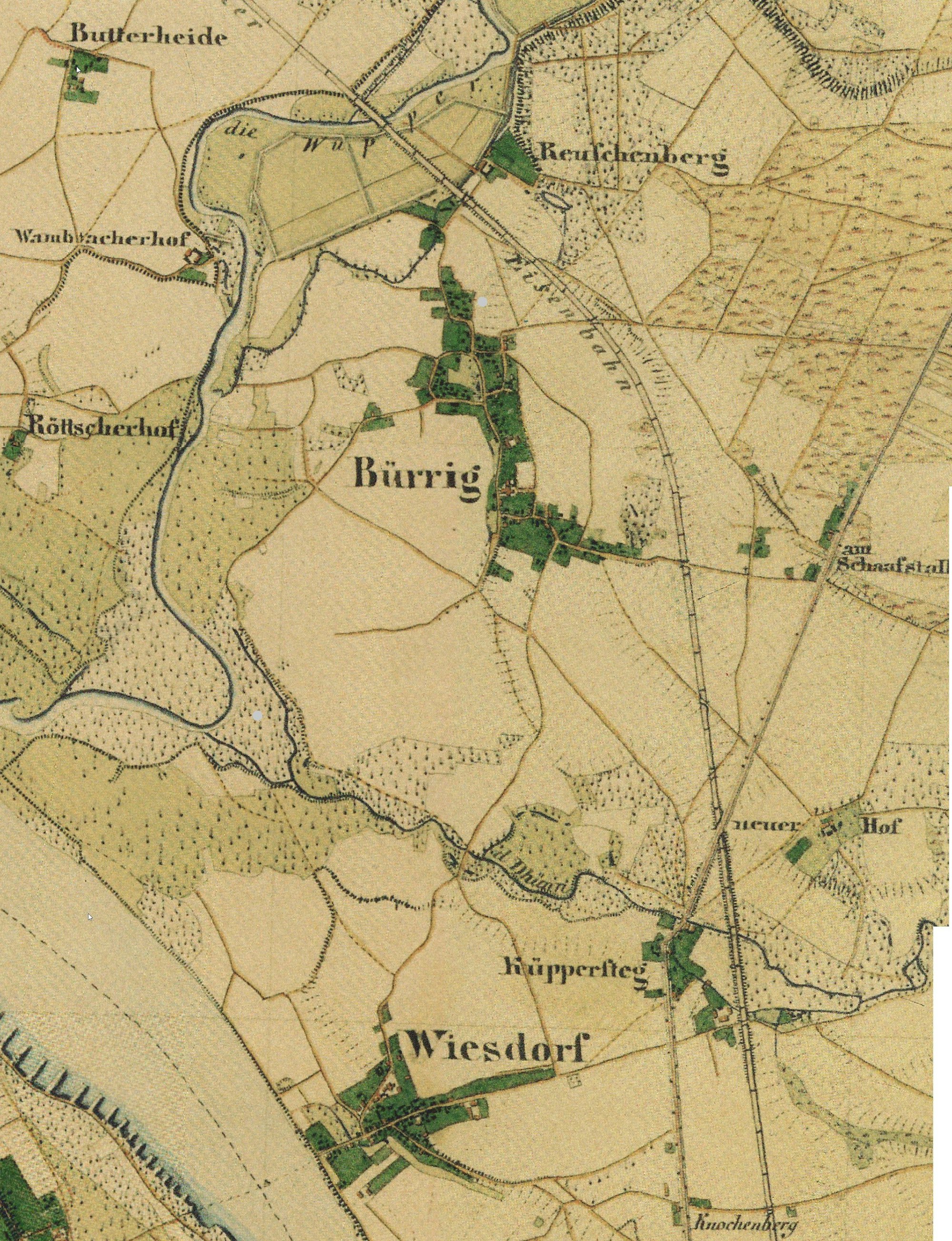 Die Köln-Mindener Eisenbahn in Wiesdorf und Bürrig Küppersteg. Foto: Geobasis NRW