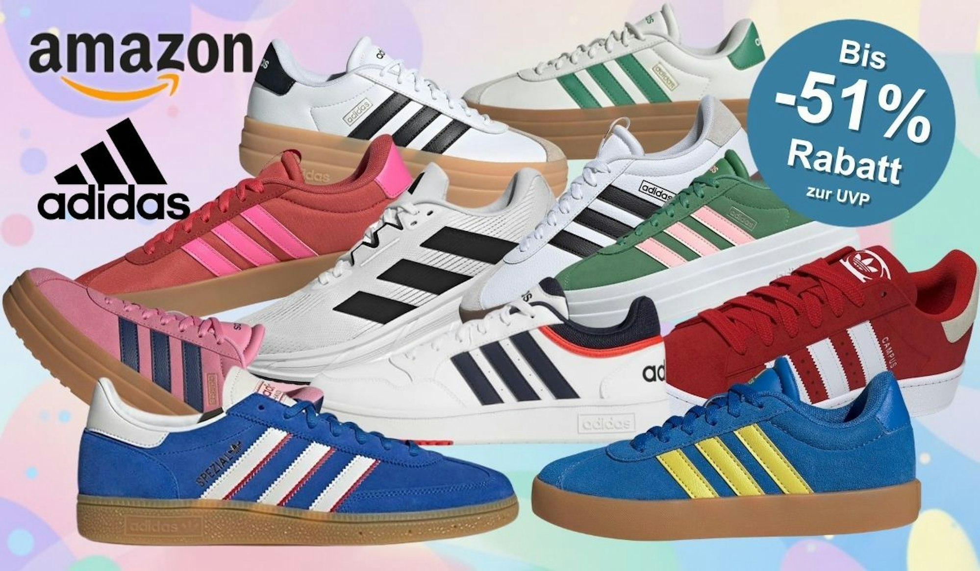 Verschiedene adidas Sneaker-Modelle in unterschiedlichen Farben vor einem bunten Hintergrund mit Muster.