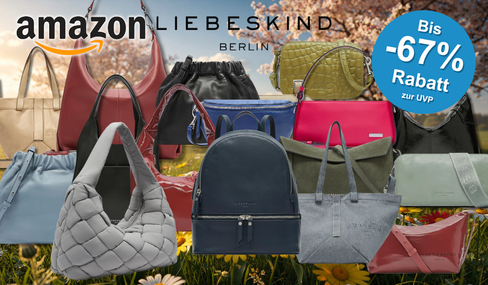 Eine Darstellung von verschiedenen Liebeskind Berlin Taschen vor einem sommerlichen Hintergrund.