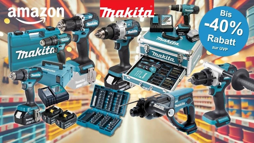 Makita-Produkte in türkis-schwarz vor einem Baumarktgang im Hintergrund: Akku-Bohrschrauber, ein Bohrhammer, ein Makita-Alukoffer mit Bit-Zubehör, ein Bit-Set, zwei Makita-Systemkoffer sowie zwei 18V-Akkus mit Ladegerät. Oben das Amazon- und Makita-Logo.