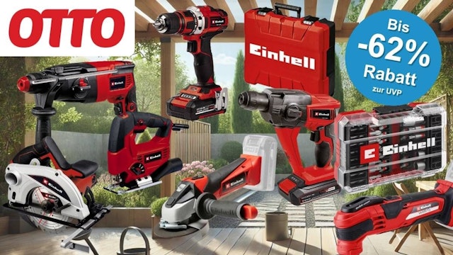 Einhell Werkzeug, Geräte wie Akku-Bohrschrauber, Winkelschleifer, Multitools, Stichsägen und Akkus vor einem grünen Garten mit Holzterrasse.