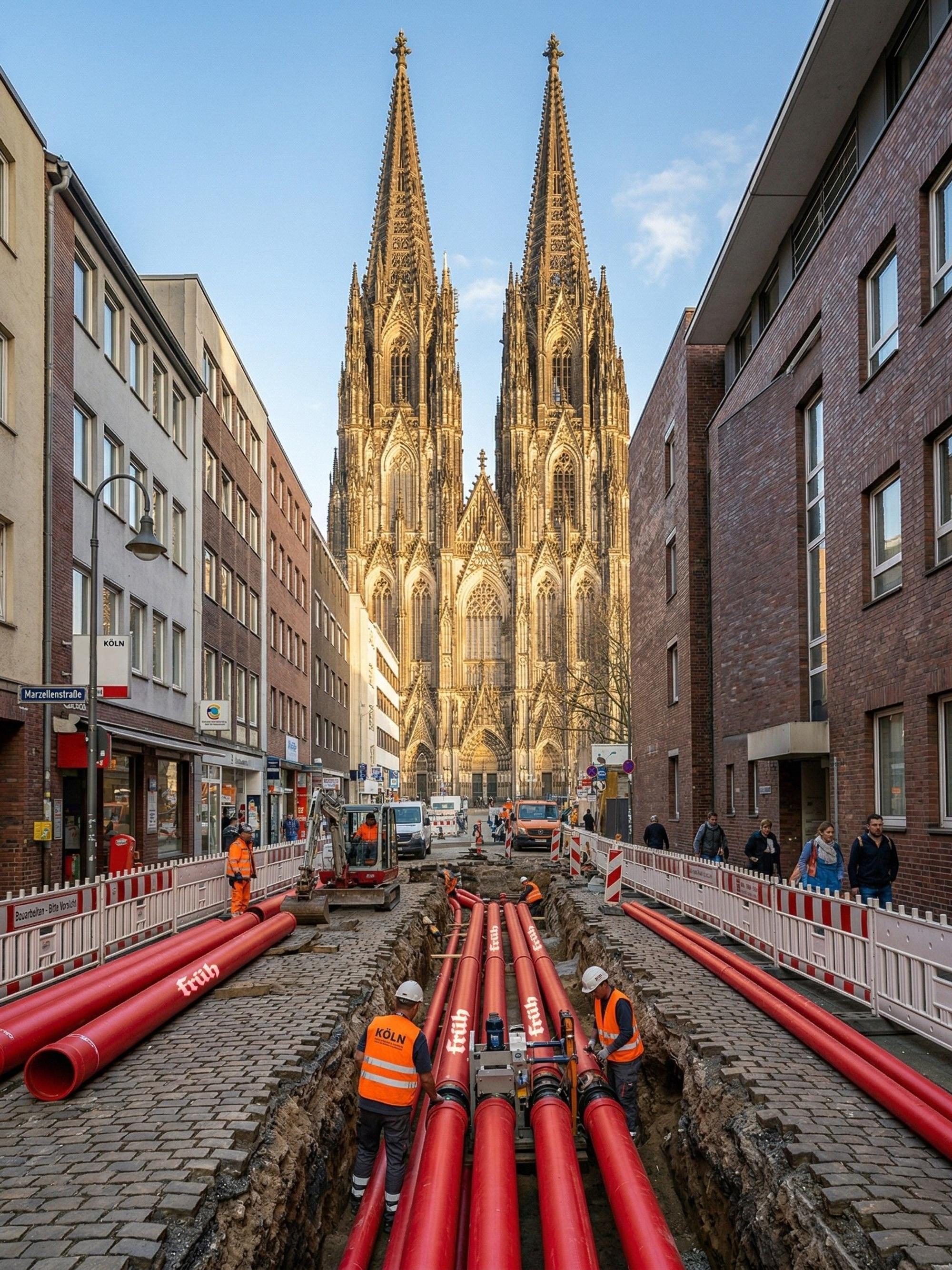 Früh verlegt am 1. April am Dom Kölsch-Leitungen