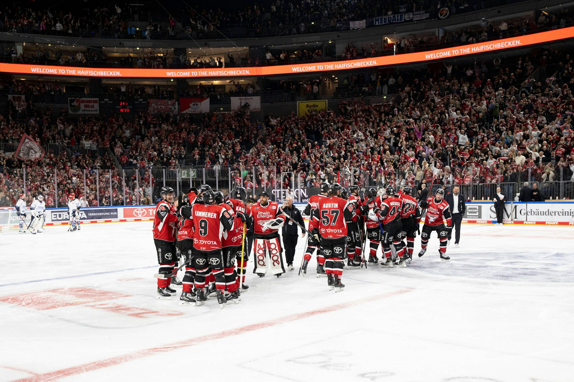 Die Profis der Kölner Haie nach einem Spiel auf dem Eis.
