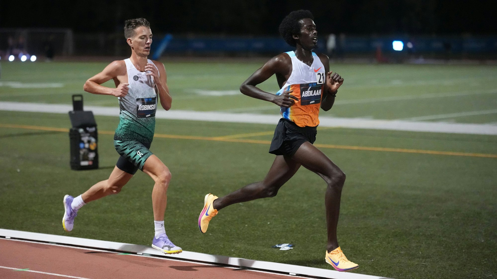 Track and Field: The TEN Mohamed Abdilaahi GER, right, and Ky Robinson AUS place first and second in the 10,000m in national records 26:56.58 and 26:57.07 during The TEN track meet at JSerra Catholic High School, Saturday, March 28, 2026, in San Juan Capistrano, Calif. San Juan Capistrano California Untied States EDITORIAL USE ONLY Copyright: xImagexofxSportx ImagexofxSportx iosphotos402985