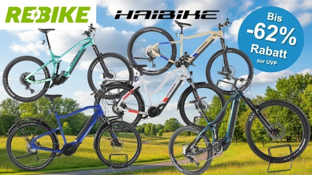 Mehrere refurbished Haibike E-Bikes verschiedener Modelle und Farben vor einer sonnigen Parklandschaft mit Fahrradweg. Im Bild zu sehen sind die Logos von Rebike und Haibike sowie ein blauer Button mit der Aufschrift „Bis -62 % Rabatt zur UVP".