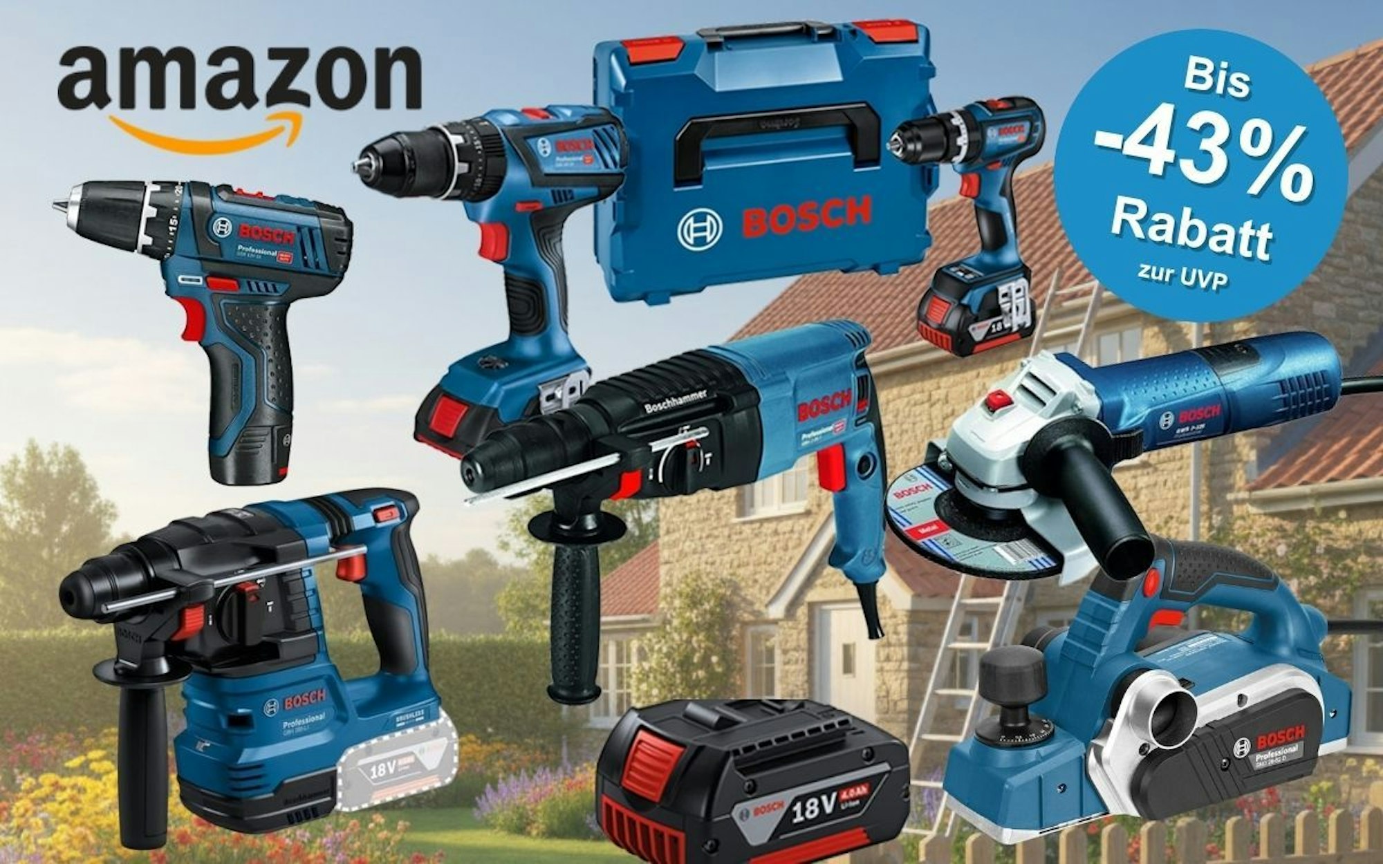 Bosch Professional Werkzeug vor Wohnhaus mit Garten und Wiese davor. Werkzeuge wie Akkubohrschrauber, Schlagbohrmaschine, Winkelschleifer, Werkzeugkoffer, Elektrohobel.