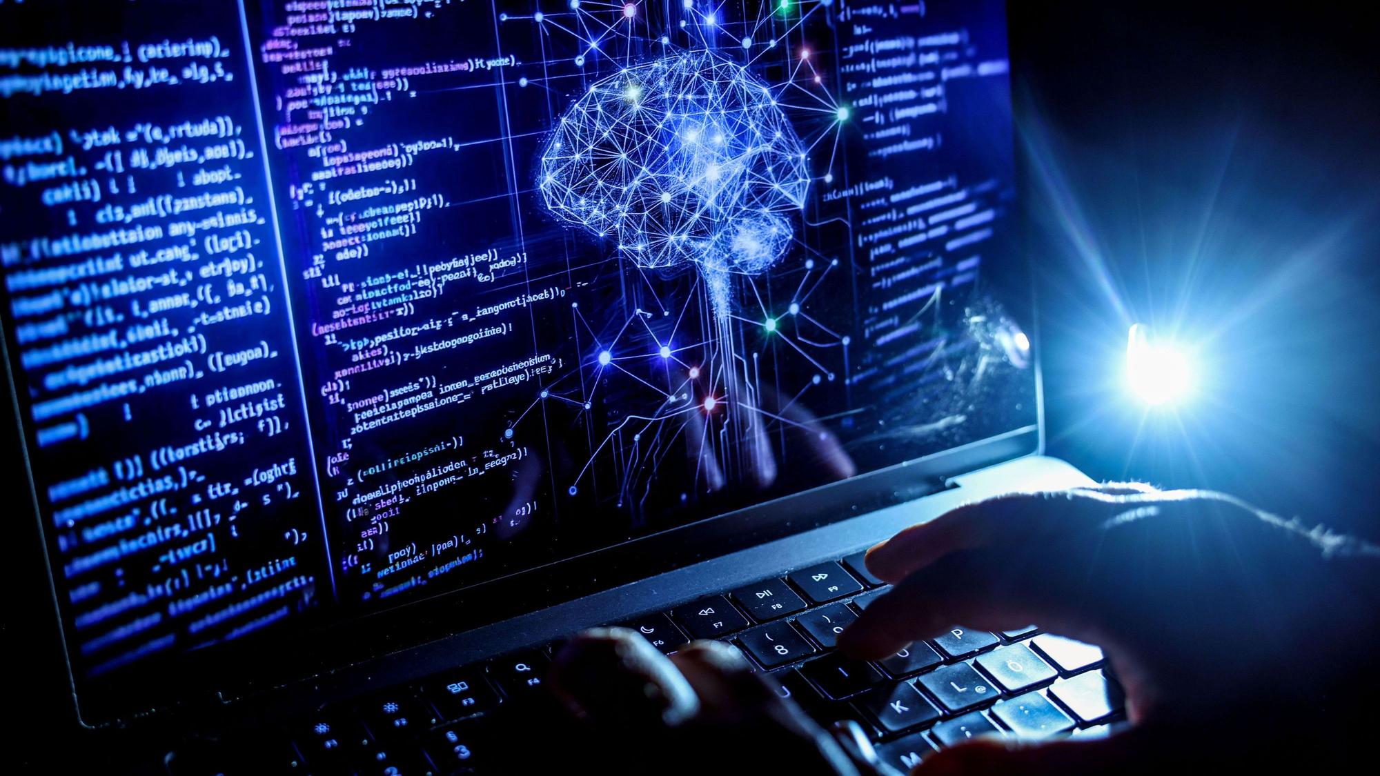 ILLUSTRATION - 17.05.2024, Nordrhein-Westfalen, Köln: Eine Person arbeitet am Rechner, auf dessen Bildschirm ein durch Künstliche Intelligenz generiertes Illustrationsbild mit Code verschiedener Programmiersprachen und einem neuronalen Netzwerk-Diagramm zu sehen ist. (zu dpa: «Welche Inhalte in Artikeln möglich sind») Foto: Oliver Berg/dpa +++ dpa-Bildfunk +++