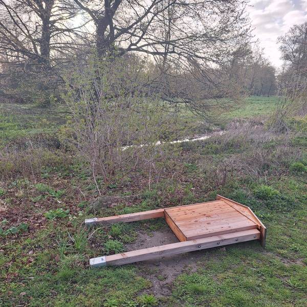 Ein Wildbienenhotel liegt auf einer Wiese.