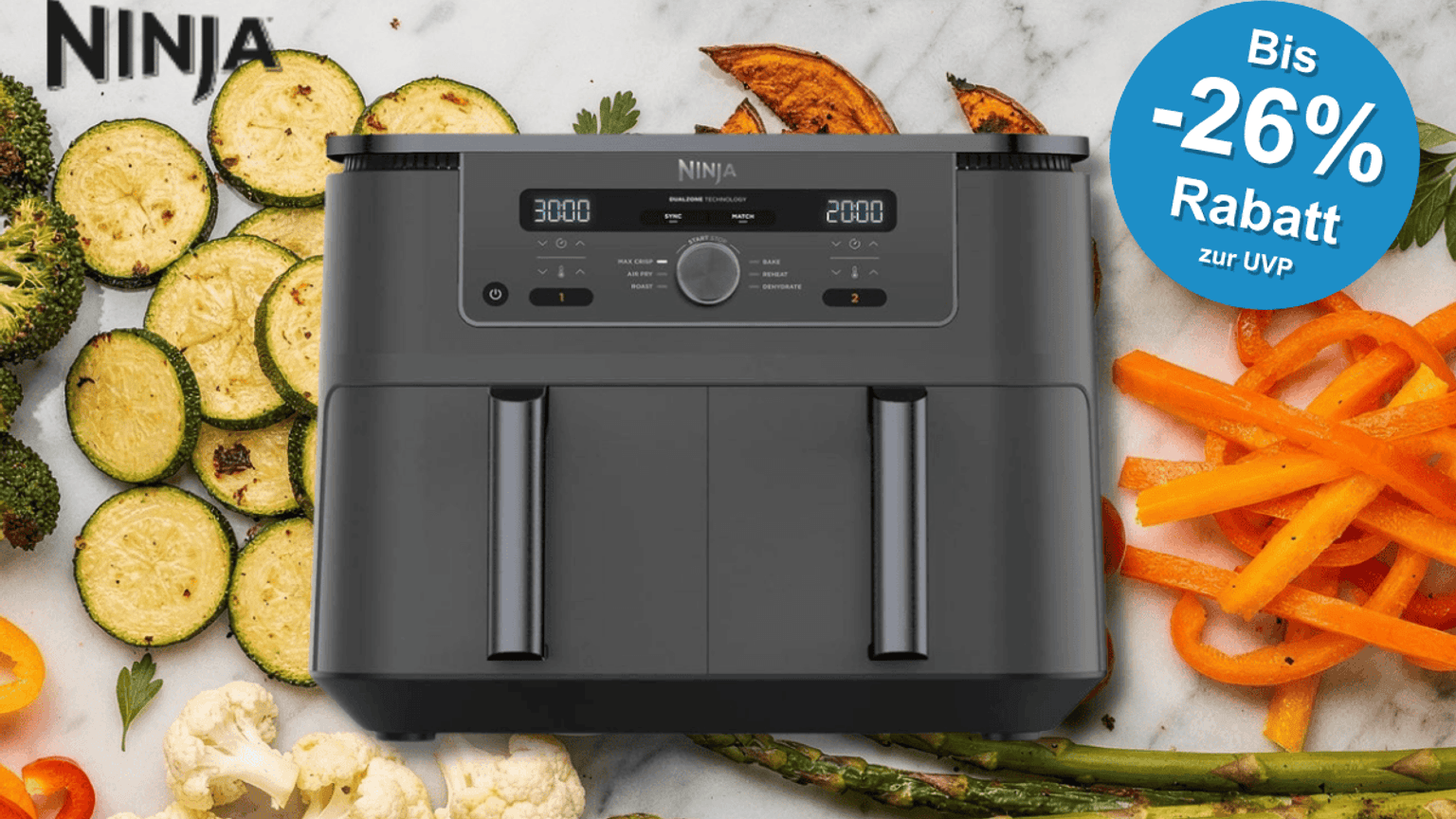 Die Ninja Kitchen Heißluftfritteuse MAX 6-in-1 Dual Zone.