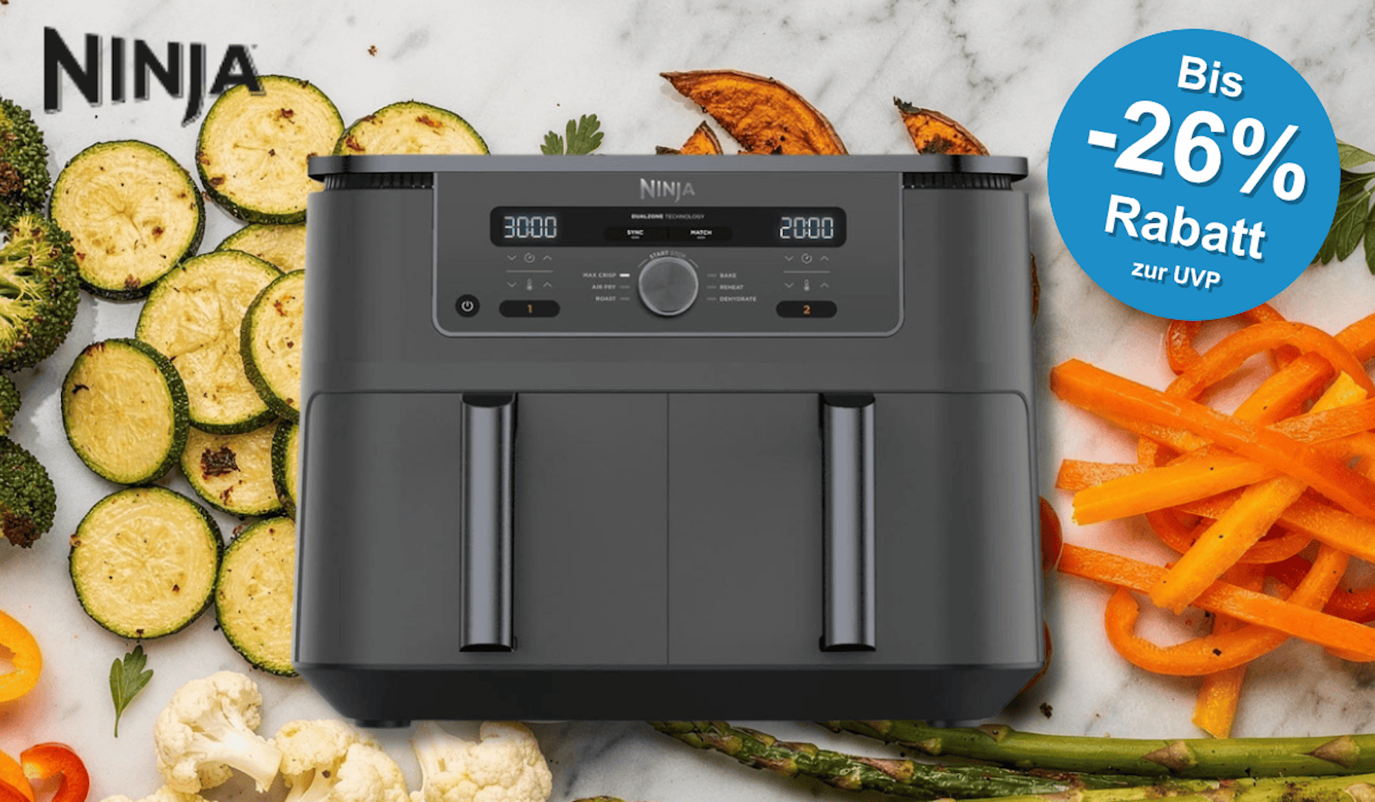 Die Ninja Kitchen Heißluftfritteuse MAX 6-in-1 Dual Zone.