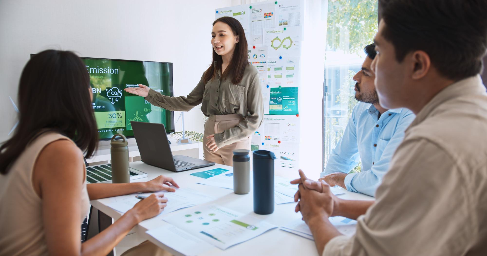 Eine Frau präsentiert ihrem Team in einem Meetingraum eine Nachhaltigkeitsstrategie.
