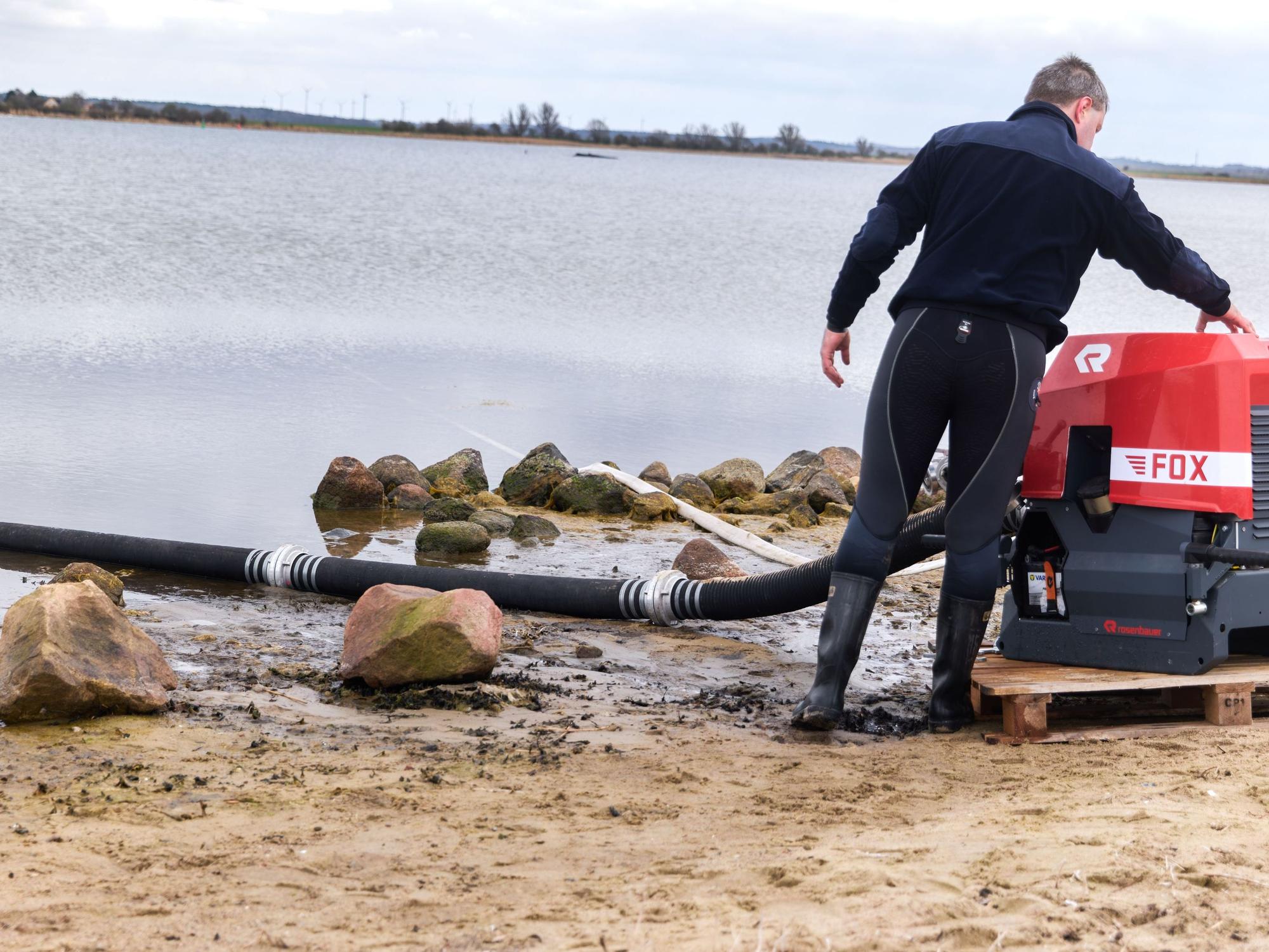 Einsatzkräfte der Feuerwehr benetzen den Rücken des Wals, der aus dem Wasser ragt (Hintergrund). Der vor Wismar gestrandete Buckelwal ist noch am Leben.