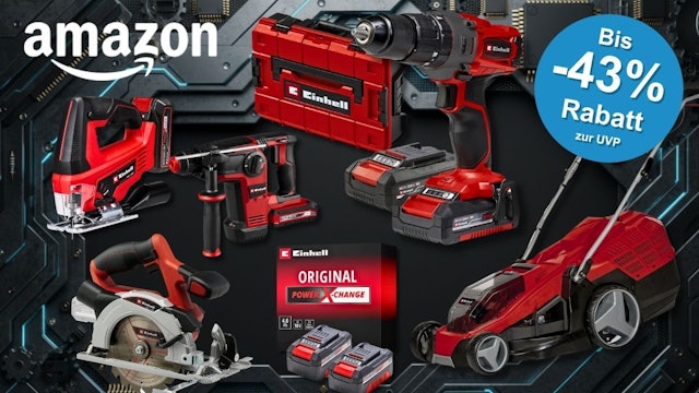 Collage verschiedener roter Einhell-Akku-Werkzeuge auf dunklem Hintergrund, darunter eine Bohrmaschine, ein Bohrhammer, eine Stichsäge, eine Kreissäge und ein Rasenmäher, daneben ein Einhell-Koffer und Power-X-Change-Akkus.