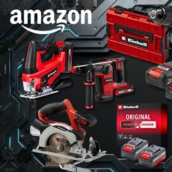 Collage verschiedener roter Einhell-Akku-Werkzeuge auf dunklem Hintergrund, darunter eine Bohrmaschine, ein Bohrhammer, eine Stichsäge, eine Kreissäge und ein Rasenmäher, daneben ein Einhell-Koffer und Power-X-Change-Akkus.