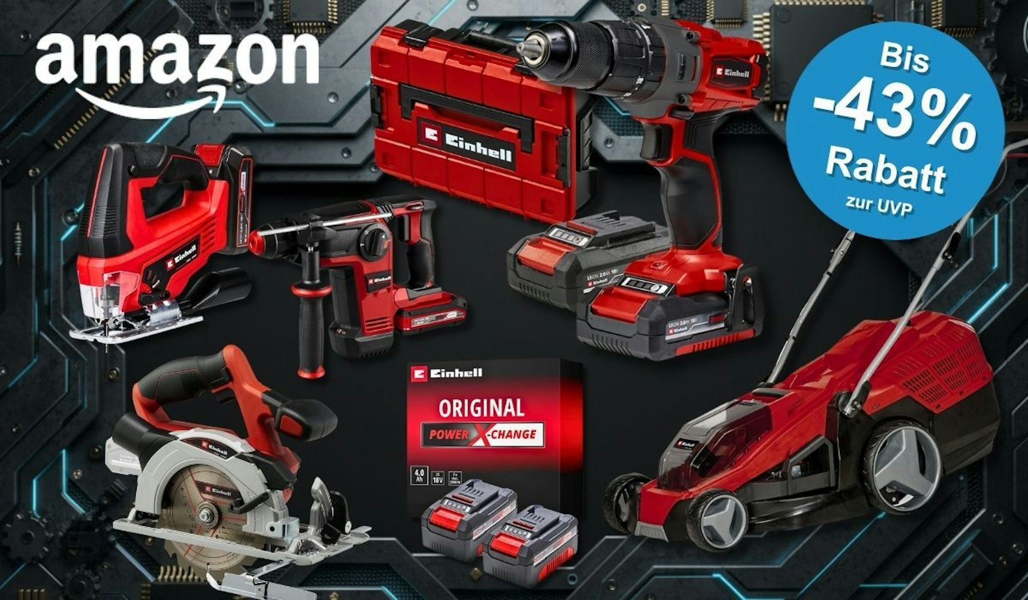 Collage verschiedener roter Einhell-Akku-Werkzeuge auf dunklem Hintergrund, darunter eine Bohrmaschine, ein Bohrhammer, eine Stichsäge, eine Kreissäge und ein Rasenmäher, daneben ein Einhell-Koffer und Power-X-Change-Akkus.