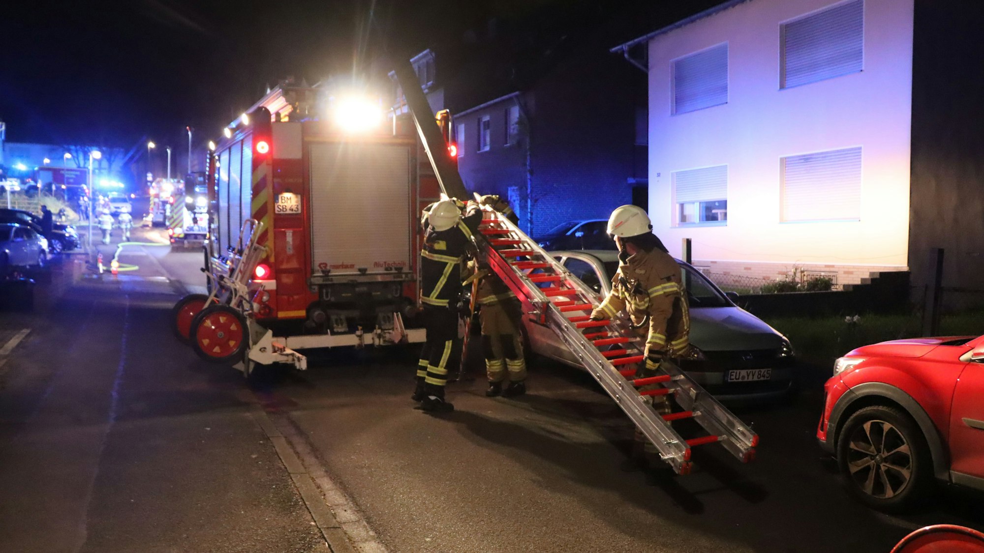 Das Bild zeigt Feuerwehrkräfte mit einer Steckleiter