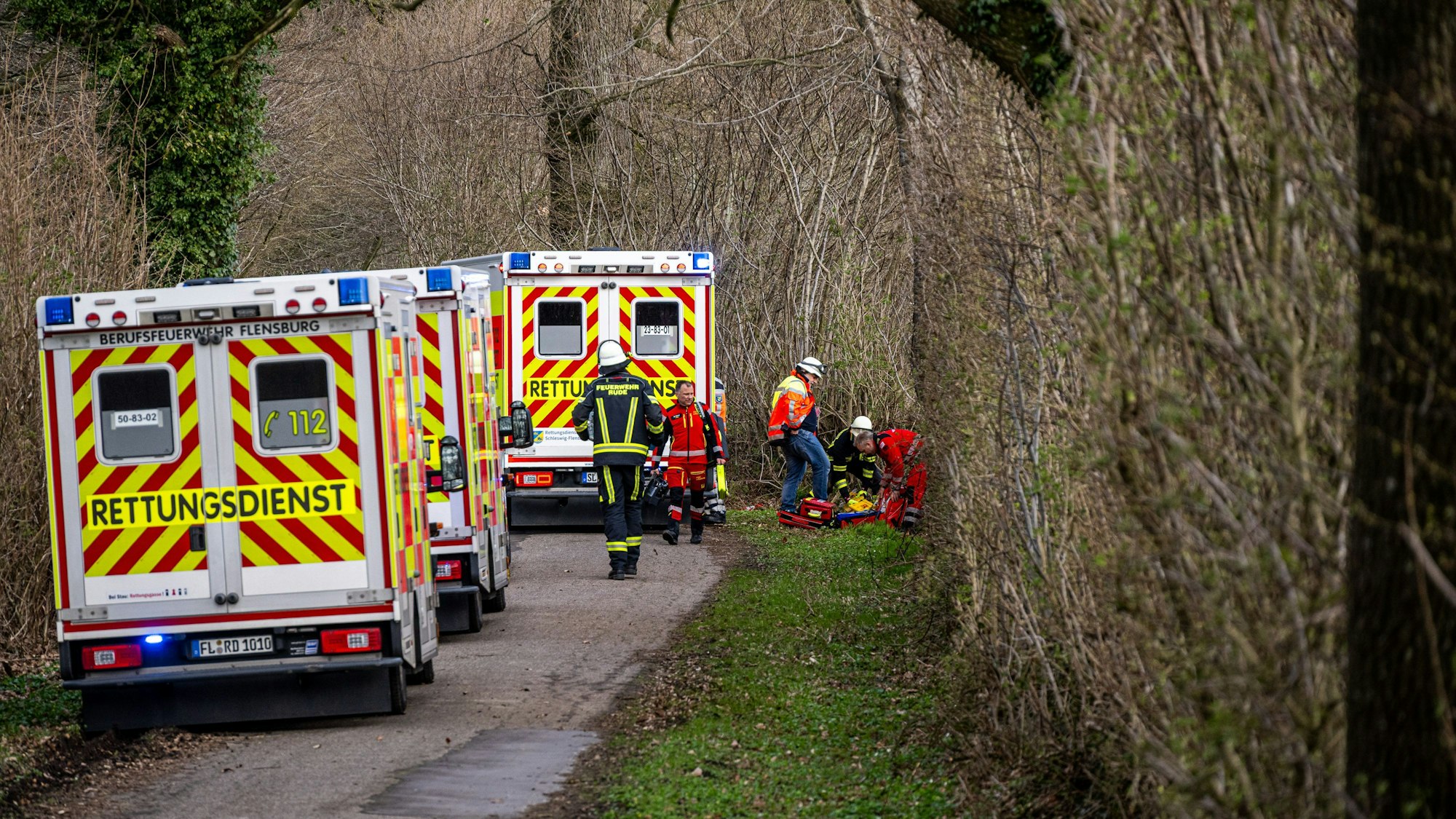 Rettungskräfte sind nach einem Unglück in einem Waldstück südöstlich von Flensburg im Einsatz. Bei einem Unglück sind am Ostersonntag drei Menschen ums Leben gekommen, darunter eine Mutter und ihr Baby. Ein etwa 30 Meter hoher Baum war in der Gemeinde Mittelangeln bei starken Windböen auf eine Gruppe gestürzt, wie die Polizei berichtete. Vier Menschen wurden unter dem Baum eingeklemmt. Foto: Benjamin Nolte/dpa +++ dpa-Bildfunk +++