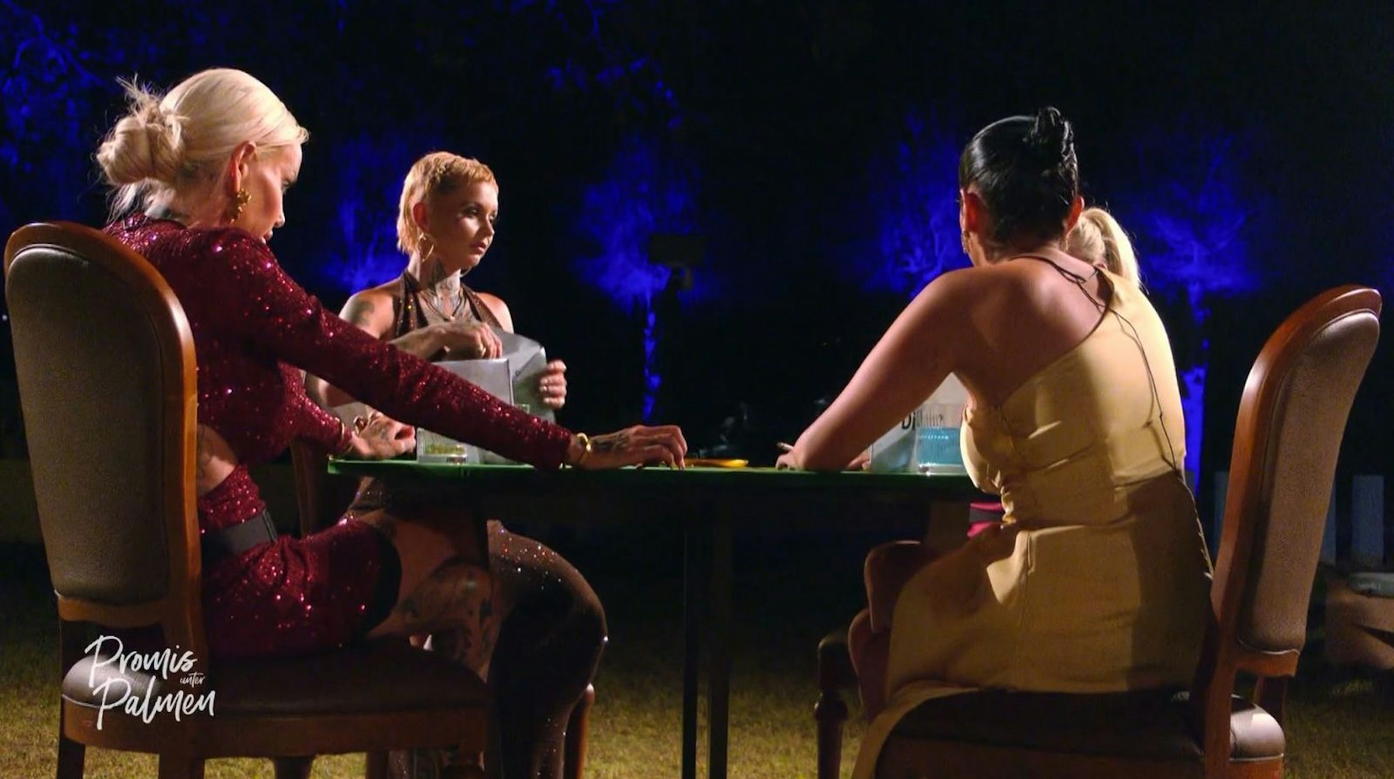 Sie müssen einen Teil ihrer Gage opfern, um im Finale zu bleiben, von links: Gina-Lisa, Edith, Dilara und Franzi (verdeckt). (Bild: Screenshot Joyn)