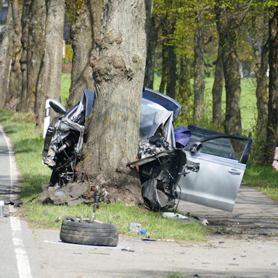 Rechts ein Polizist von hinten, in der Mitte ein Baumstamm, gegen den ein Pkw gefahren ist, herumliegende Trümmerteile