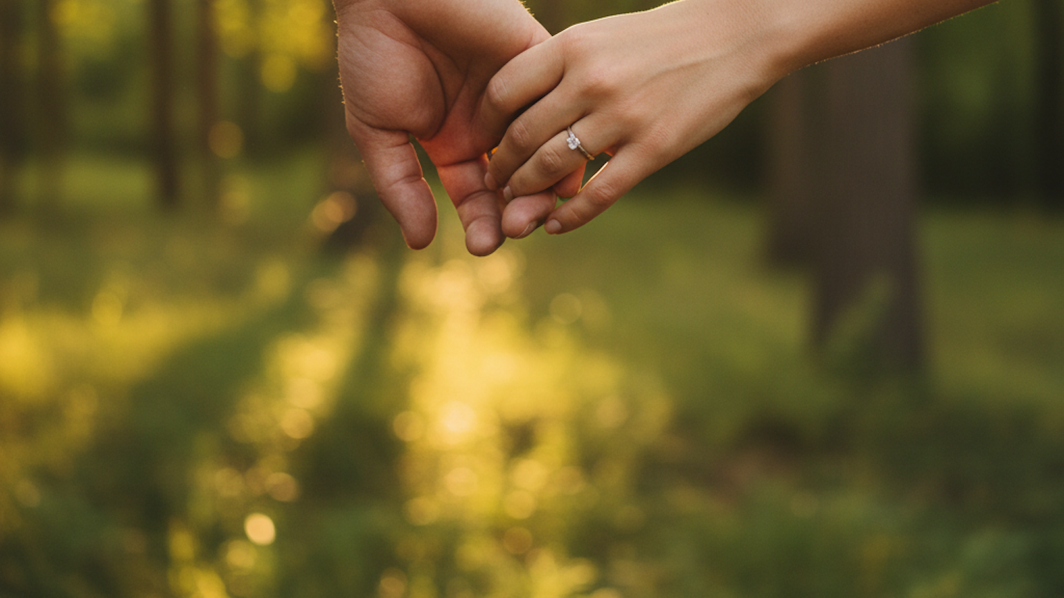 Zwei Hände halten sich wie bei einem Liebespaar vor einer Waldkulisse.