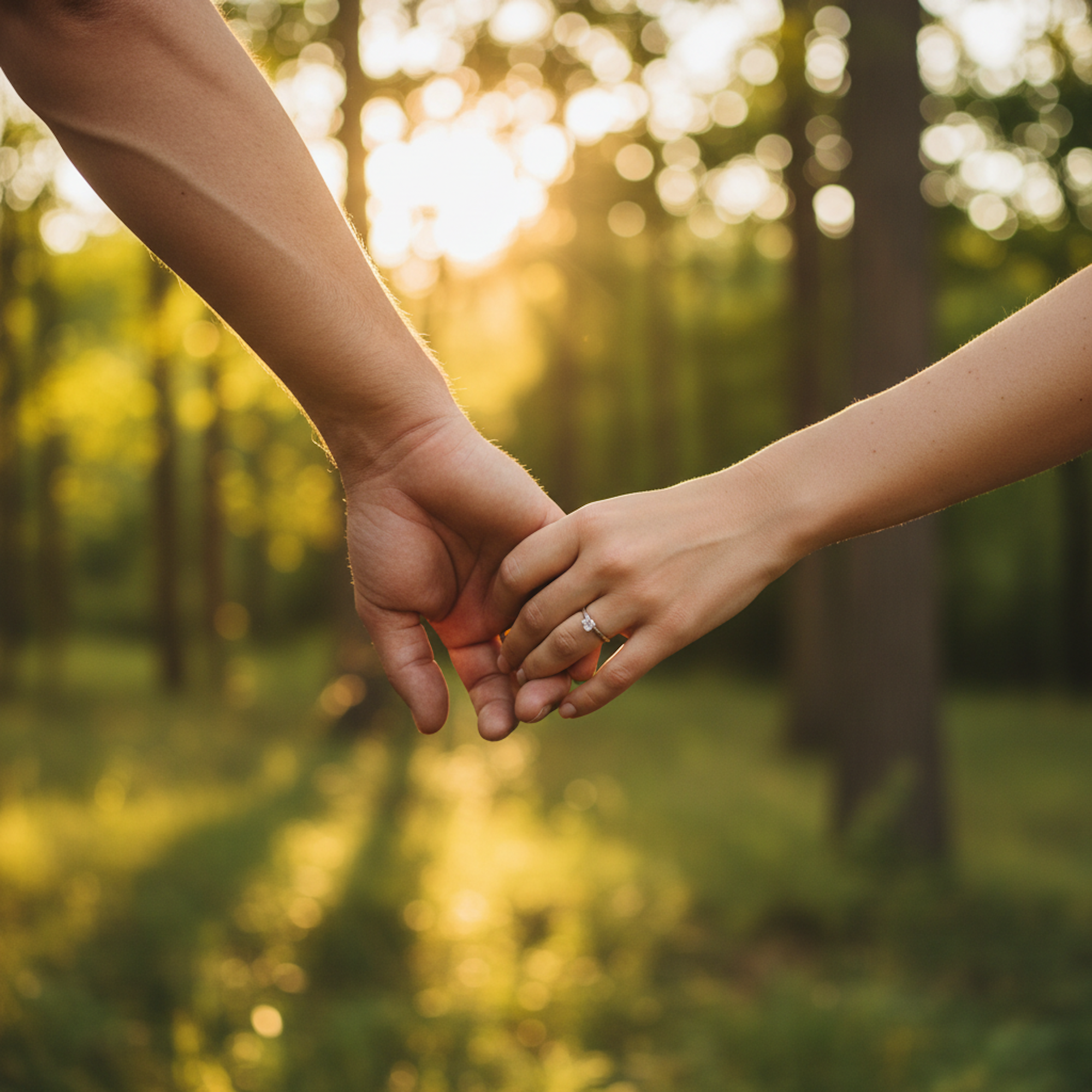 Zwei Hände halten sich wie bei einem Liebespaar vor einer Waldkulisse.