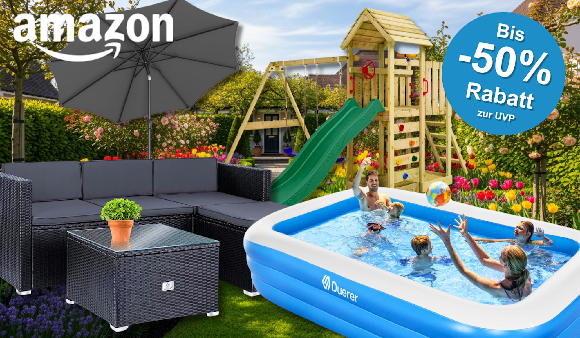 Eine Sitzecke, ein Pool, ein Klettergerüst und ein Sonnenschirm vor einem Garten Hintergrund.