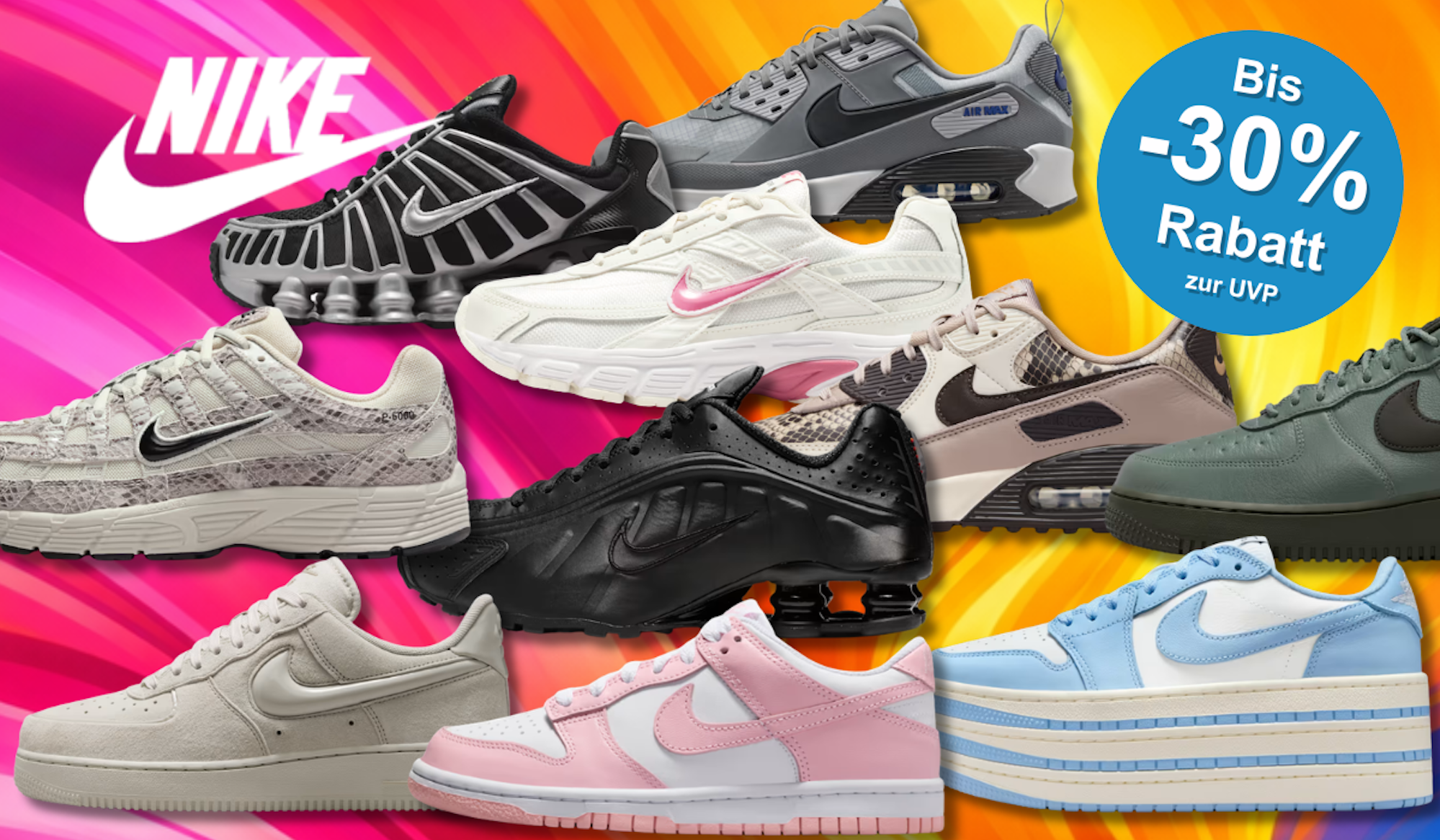 Verschiedene Nike Sneaker vor einem bunten Hintergrund.