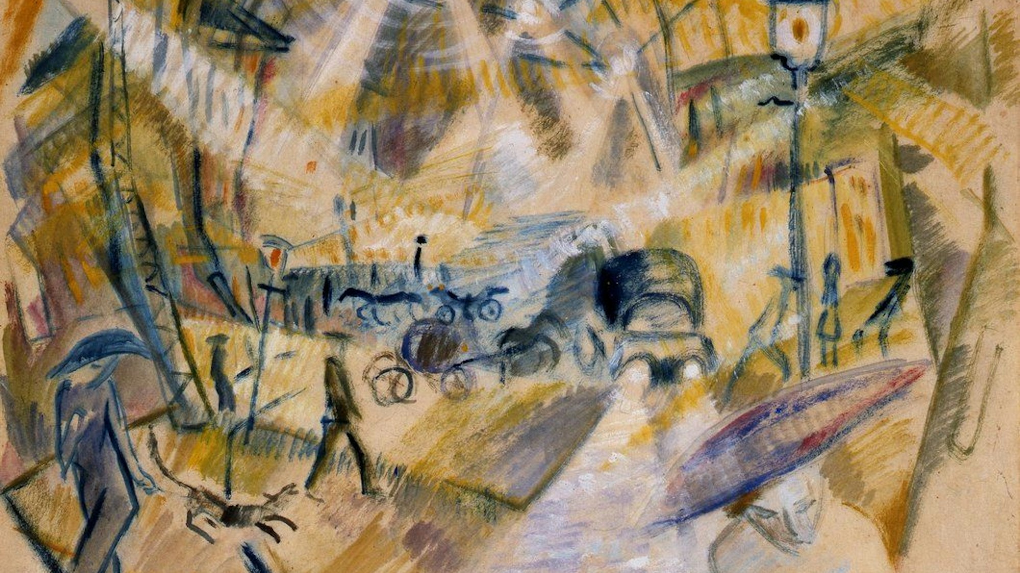 Werk im futuristischen Stil, das die Dynamik der pulsierenden Metropole Paris mit sich überlagernden Schlaglichtern und schemischen, vorbeiziehenden Passanten zeigt.