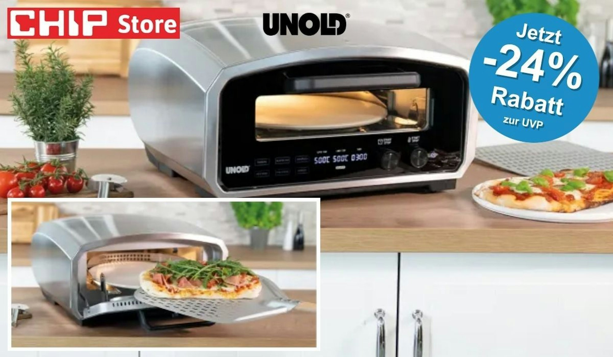 Unold Pizzaofen Enzo im CHIP Store: Frontansicht des Edelstahl-Pizzaofens mit leuchtendem LED-Display bei 500 °C Betriebstemperatur auf einer Küchenarbeitsplatte, daneben eine fertig gebackene Pizza auf dem Teller. Eingeblendet: Detailbild des geöffneten Ofens mit belegter Pizza auf dem rotierenden Pizzastein. Blauer Button mit Aufschrift: Jetzt -24% Rabatt zur UVP.