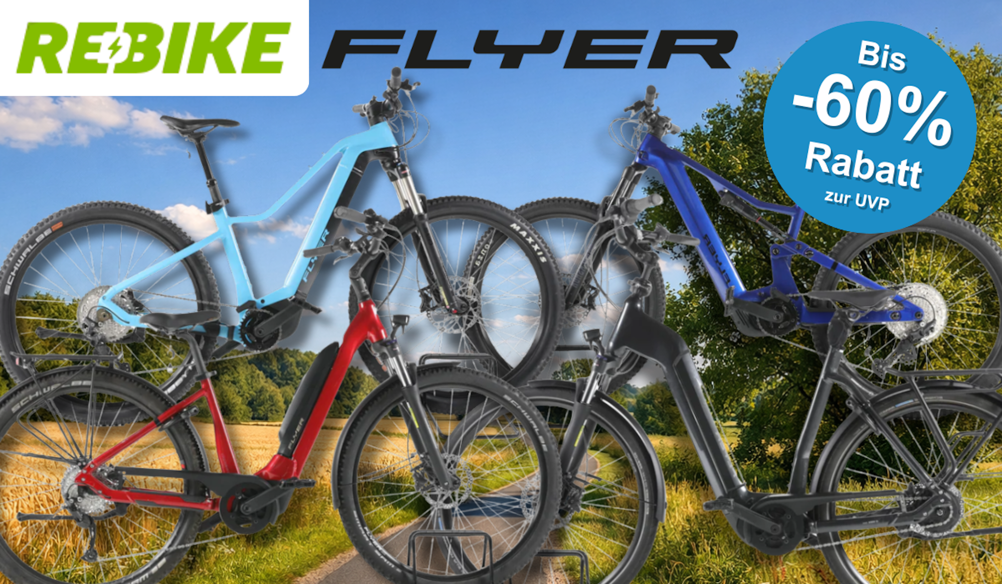 Vier verschiedene Flyer E-Bikes vor einem Fahrradweg.