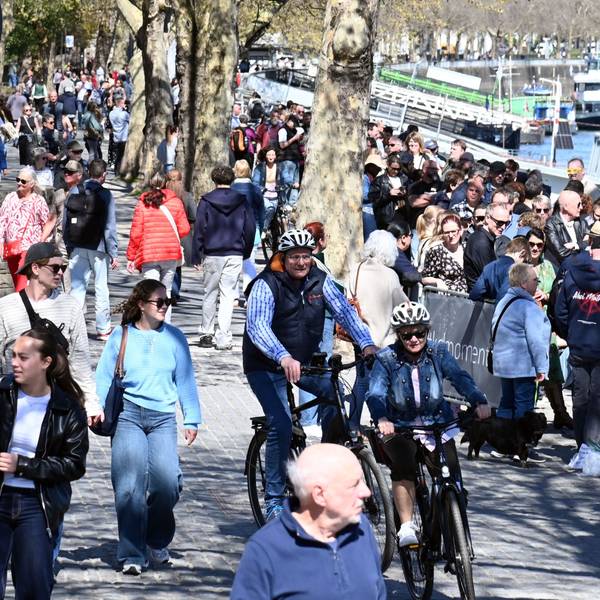 Am Rheinufer in der Kölner Altstadt kommt es an vielen Stellen zu Konflikten zwischen Fußgängern und Radfahrenden.
