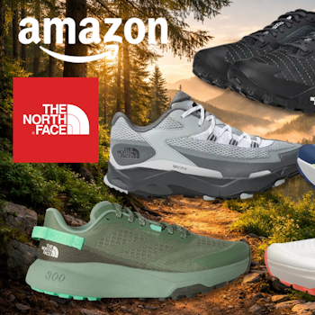 Verschiedene The North Face Schuh Modelle vor einem Wanderweg.