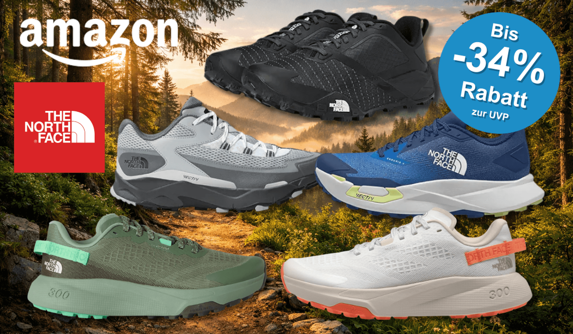 Verschiedene The North Face Schuh Modelle vor einem Wanderweg.