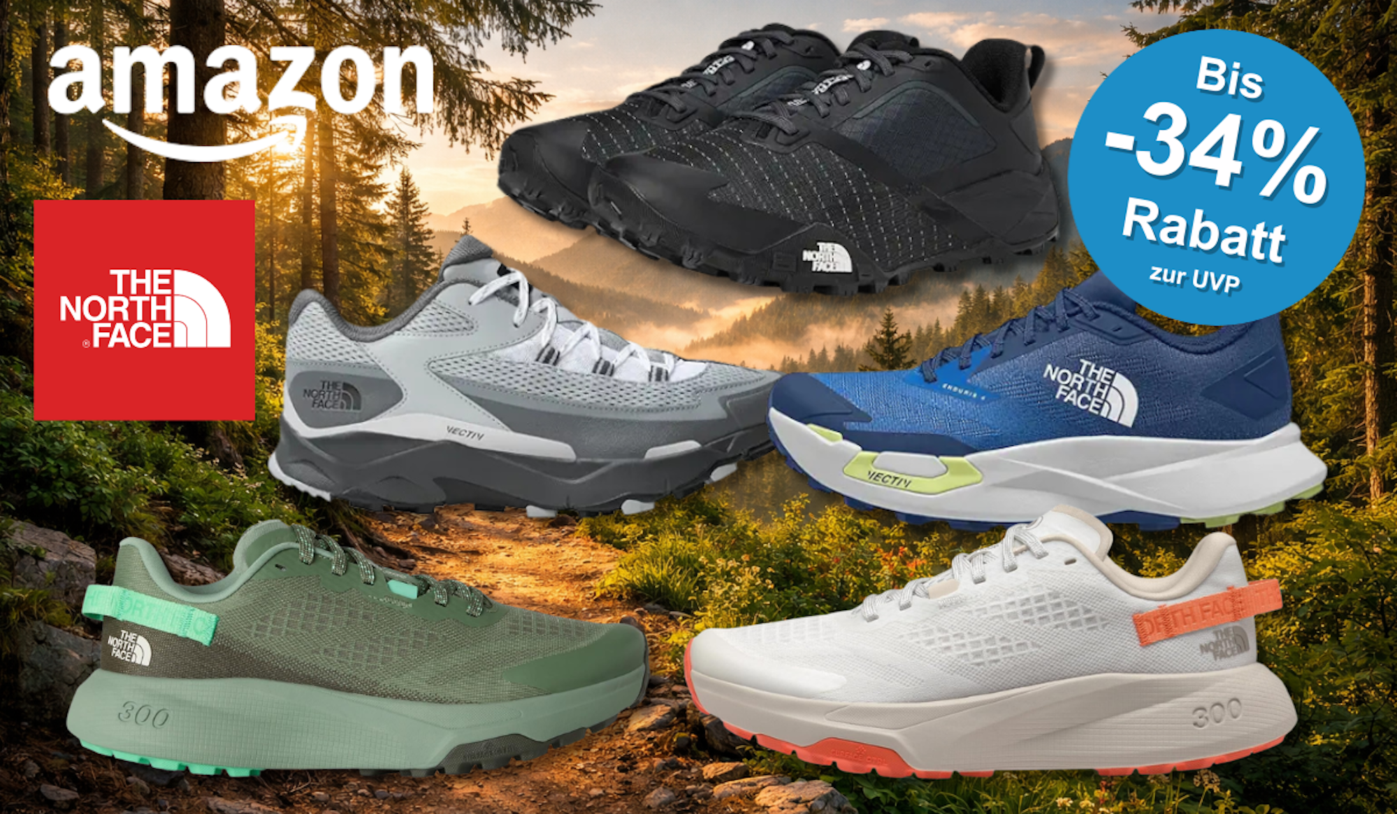 Verschiedene The North Face Schuh Modelle vor einem Wanderweg.