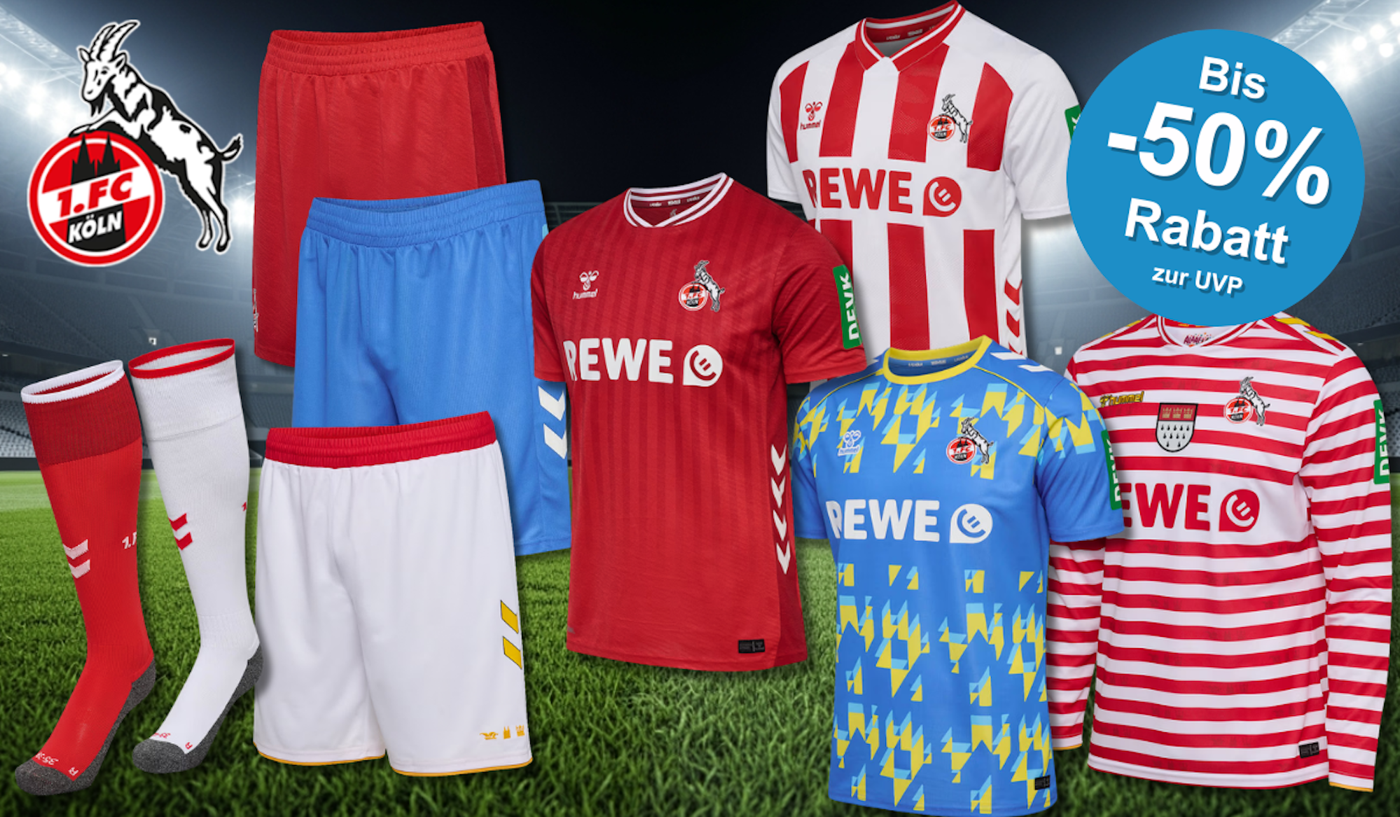 Verschiedene Produkte aus dem FC-Fanshop vor einem Stadion.