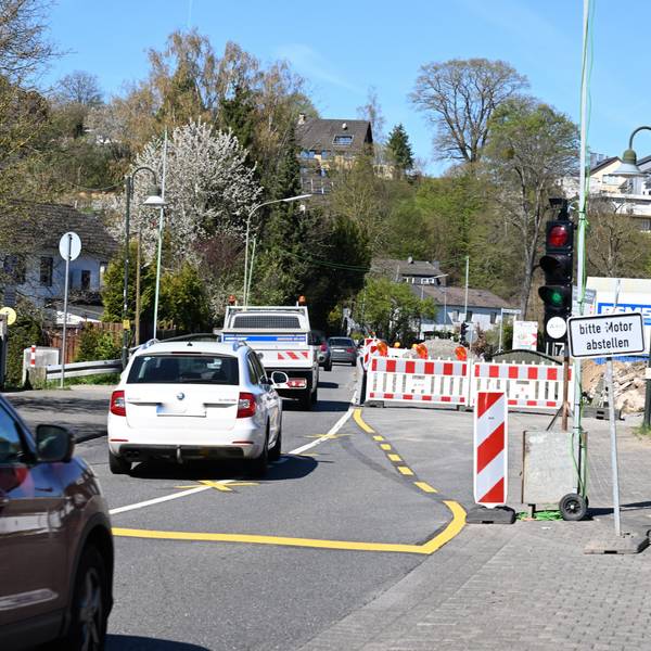 Eine Baustellenampel, dahinter eine Bake, fünf Autos fahren hintereinander auf einer einspurigen Straße