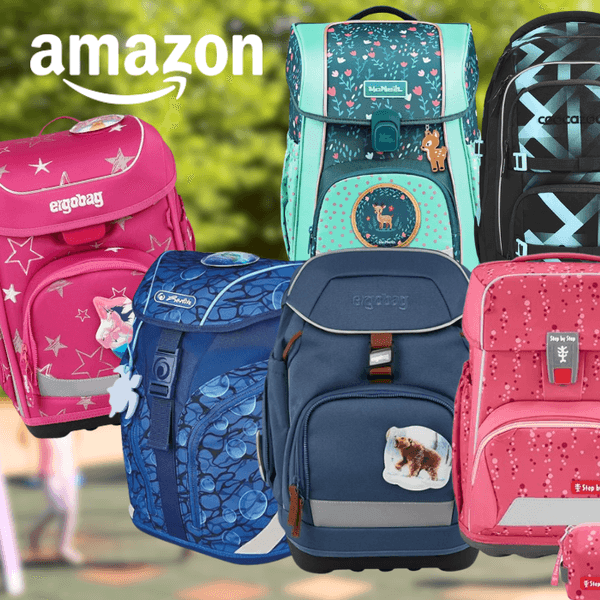 Sechs verschiedene Schulrucksäcke und Schulranzen bekannter Marken vor einem unscharfen Schulhof-Hintergrund: ein pinker Ergobag-Ranzen mit Sternenmotiv, ein türkiser McNeill-Schulranzen mit Blumen- und Rehmotiv, ein schwarzer Coocazoo-Rucksack mit geometrischem Muster, ein blauer Herlitz-Schulranzen mit Blasenmuster, ein blaugrauer Ergobag-Ranzen mit Bärenmotiv sowie ein dunkelroter Step-by-Step-Ranzen mit Sternenmuster.