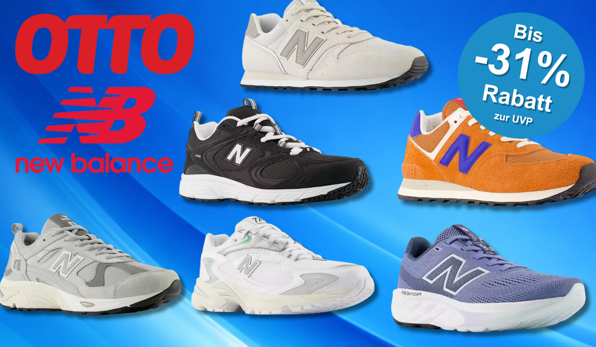 Verschiedene New Balance Schuhe vor einem blauen Hintergrund.