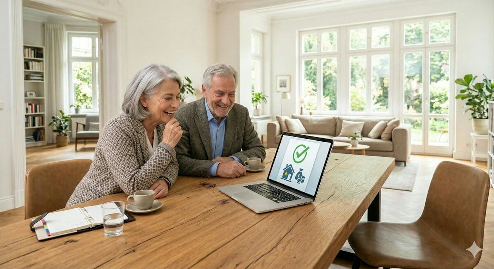 Ein älteres Paar schaut sitzt im Wohnzimmer an einem Tisch und schaut auf ein Laptop-Display.