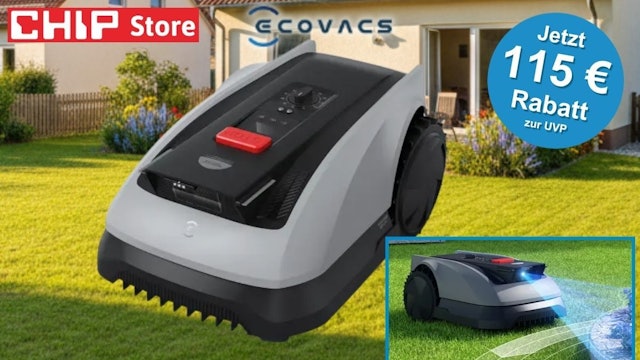 ECOVACS Goat O600 RTK Mähroboter auf grünem Rasen vor Einfamilienhaus – oben links Logo vom CHIP Store.
