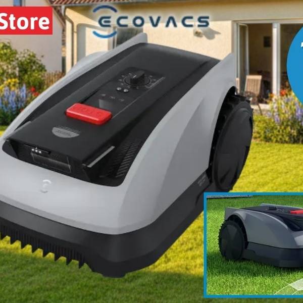 ECOVACS Goat O600 RTK Mähroboter auf grünem Rasen vor Einfamilienhaus – oben links Logo vom CHIP Store.