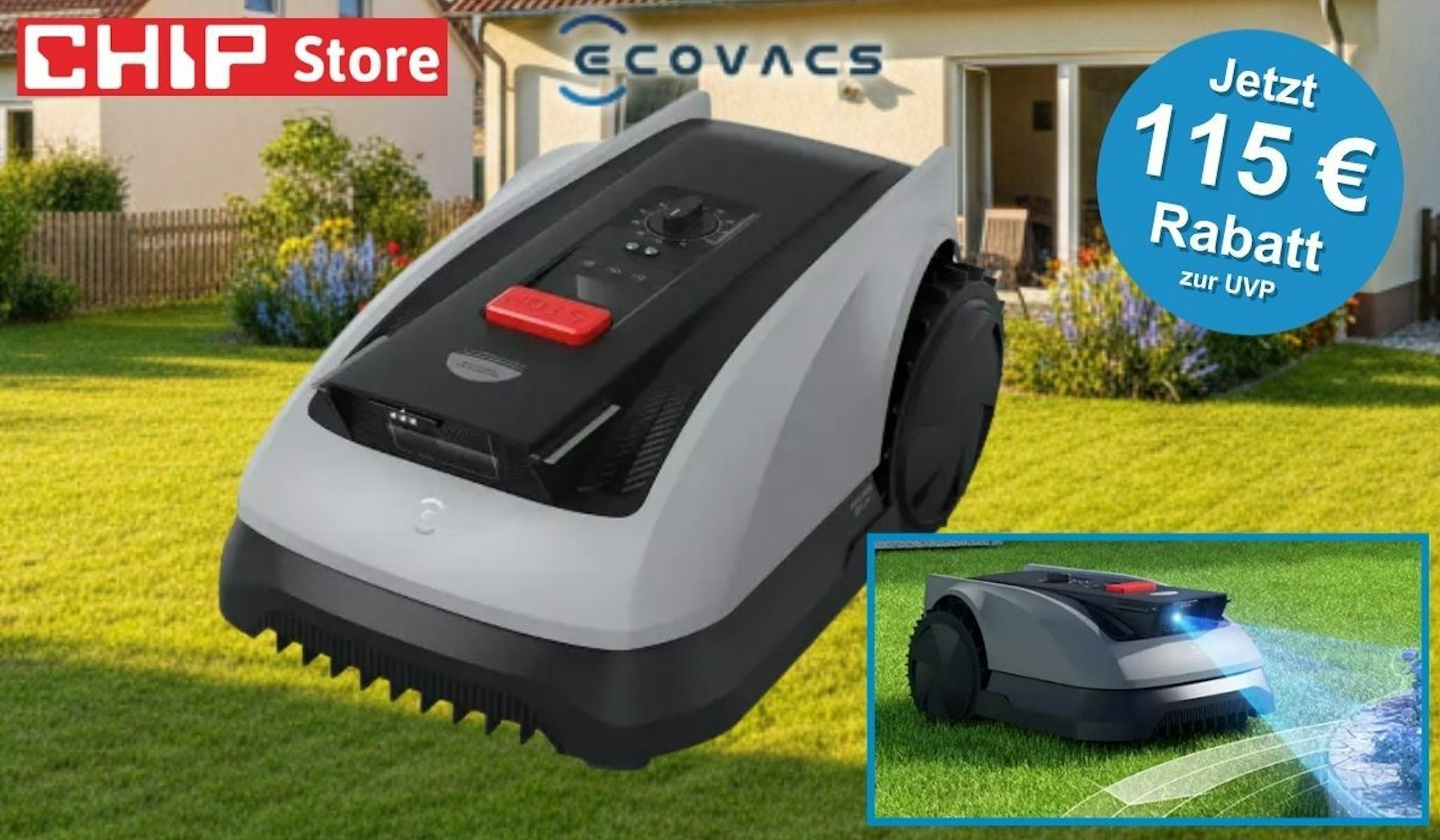 ECOVACS Goat O600 RTK Mähroboter auf grünem Rasen vor Einfamilienhaus – oben links Logo vom CHIP Store.